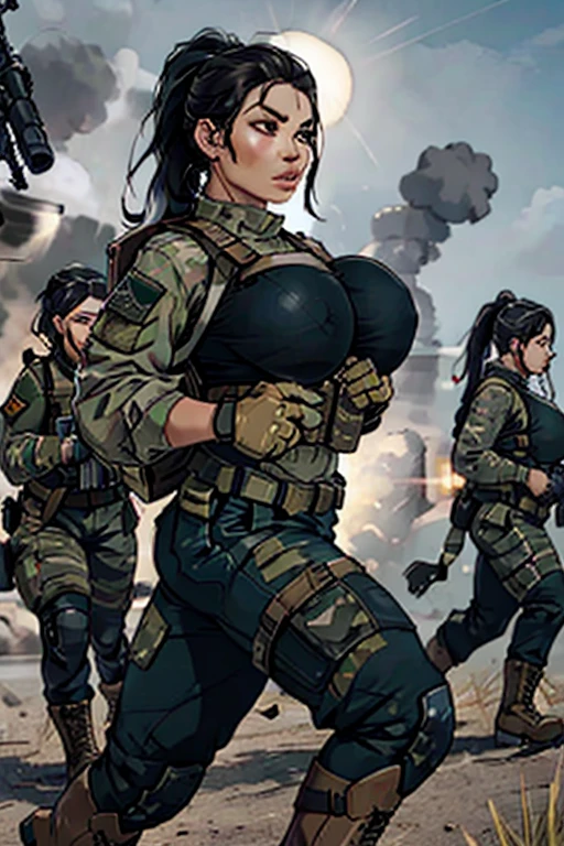 group of female soldiers, war photography, (cinematic lighting:1.1), highest quality, photo of (group of fully dressed really tanned 20yo sexy muscular female army special forces with taut clothing military top, ponytail hair, running holding a rifle), (bouncing breasts, motion lines, motion blur), too tight military shirt, medium_boltedontits, perfectly round breasts, breast implants, unaligned breasts, perfect face, parted lips, dumb expression, (wearing military Combat uniform, battlepack, boots:1.2), athletic body, on the battlefield, fake tits, bootsnutes
