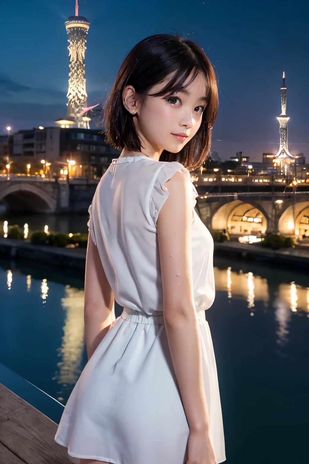 8k, RAW Photo, Best Quality, Masterpiece, Realistic, PhotoRealistic, Extremely Detailed 8k Wallpaper, Beautifully Detailed Eyes, Finely Detailed Face, 
 BREAK 
Professional Lighting, 
 BREAK 
(((s-bridge + building + city lights + cityscape + scenery + reflection + s-river + t-skytree + sparkle + night:1.8))), 
Perfectly Anatomically Correct:1.0, 5 Beautiful Thin Finger:1.0, 
 BREAK 
1 Girl, Cheerful, Light Smiling, 
Very Short Hair Bun:1.2, Symmetrical Clear Eyes:1.1, Captivating Eye Reflections:1.1, 
Kawaii, [Japanese], Wide-Set Eyes, Big Eyes, Almond-Shaped Eyes, tareme, Double Eyelids, Eye Bags, (White Skinned), Blush, Embarrassed, -Yeld, 
und Face), [[Chiseled Face]], (Round Chin), Thin Lips, [Small Nose], (Wet Hair), Messy Hair, Open Mouse Slightly, [Pouted Cheek], 
Clothing Random SHIMAMURA Tops + Bottoms, 
Looking Back Viewer, 
 BREAK 
SFW:1.0, 
 BREAK 
Long Shot:1.2, bokeh:1.4
