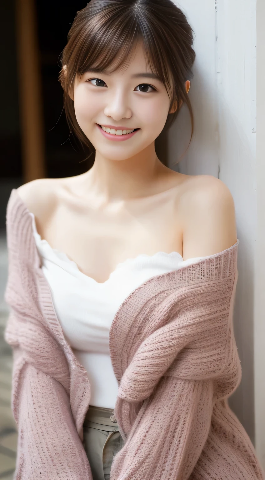 masterpiece,best quality,(Japanese girl),((Beautiful girl)),cleavage,(off shoulder:1.2),(perfect body beauty:1.2),(shy smile),From slightly above