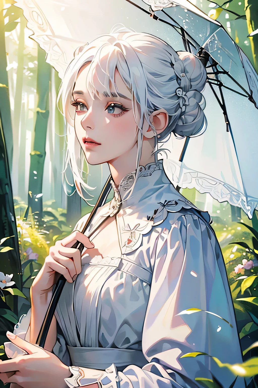 (Best quality,4K,8 K,a high resolution,masterpiece:1.2), ultra detailed, (((an adult woman in her 30s))), ((portrait)), elegant, In a long white dress, with an umbrella in hand, (((White hair, Gathered in a bun))), flowers in the girl's hair, ((Forest in the background)), detailed face