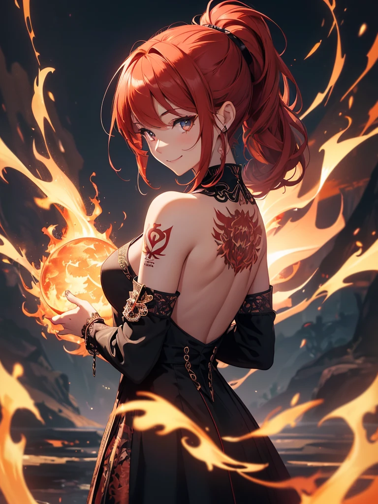 (((best quality, sharp image, clear image, cinematic lighting, 8k resolution, masterpiece, ultra detailed, intricate))) Girl, (((looking over left shoulder))), (shot from behind), ((shot from hip up)), fiery red hair, pigtails, ((intricate black dress)), ((flaming sigils, flaming runes)), spiky rock formations, (flaming lotus flowers frame), (intricate background), ((Phoenix)), (swirling flames), smiling,tatoo on back