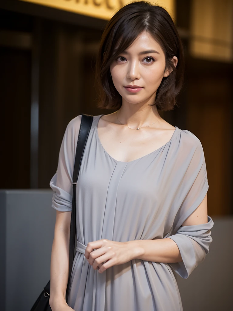 best quality, realistic, very detailed, high resolution, plain background, 8K wallpapers, one beautiful woman, Short hair, sharp focus, Complete and dynamic composition, (dark night entertainment district), Dark night streets, 31 years old, Miss, slim, beautiful eyes, delicate hair, Sleepy, tired, sexy look, model body type, disheveled hair, documentary style, too tight grey color long slip dress, totebag