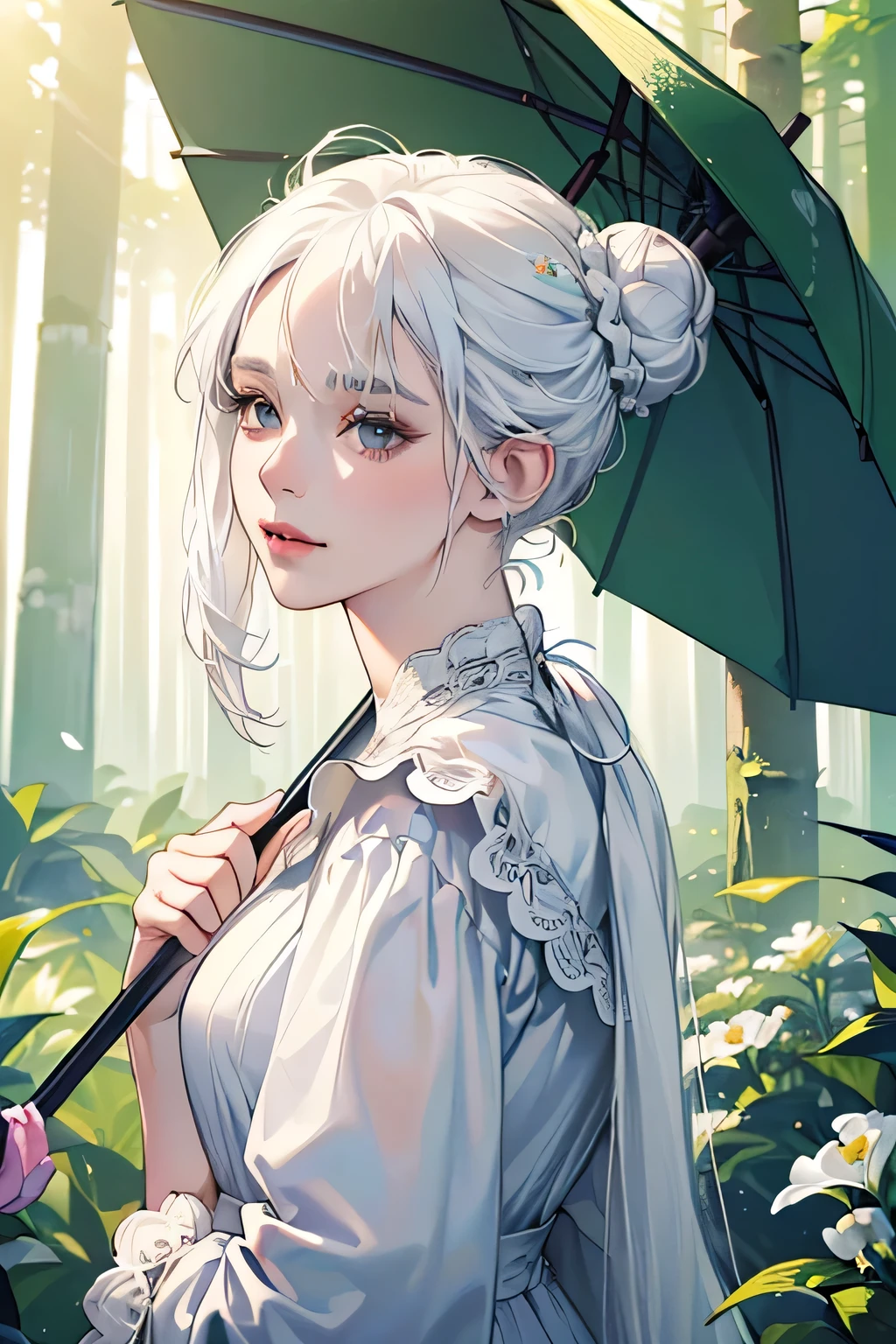 (Best quality,4K,8 K,a high resolution,masterpiece:1.2), ultra detailed, (((an adult woman in her 30s))), ((portrait)), elegant, In a long white dress, with an umbrella in hand, (((White hair, Gathered in a bun))), flowers in the girl's hair, ((Forest in the background)), detailed face