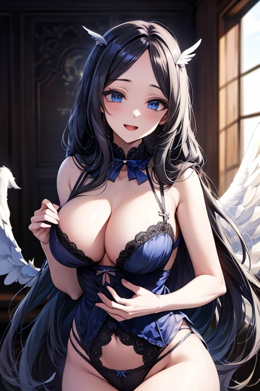 (((forehead))), (((No head wings))), (((sky blue lingerie))), (((big white angel wings))),Very detailed、highest quality、Best image quality、masterpiece、8k、Anime Face、A kind smile、Open Mouth、((black long hair:1.5))、((big breast)), sexy、 beautiful body 、Cowboy Shot, Sexual Intercourse, ((blue eyes)), hotel bedroom, busty, buxom, curvy, voluptuous,