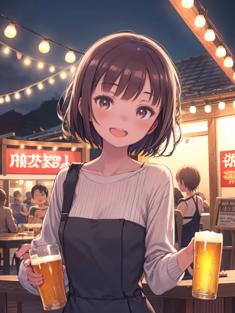 One Woman、summer night、Drinking beer outdoors、smile、Open your mouth、Holding a beer mug、Upper Body、Red face、beer garden、