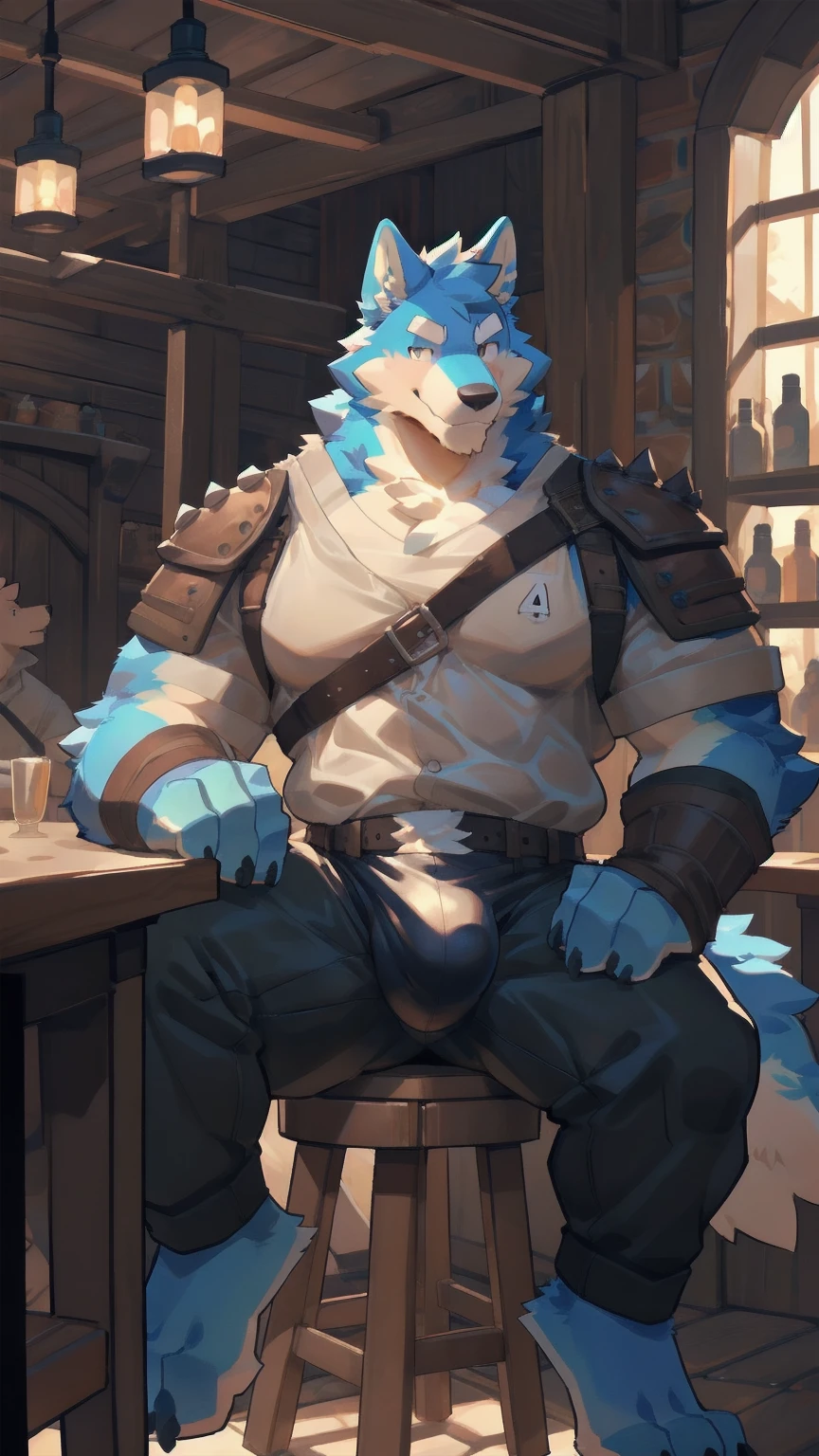 Solo, male, sitting at tavern, bulge, by bigcozyorca, by goonie-san, by bebebebebe, by spikedmauler, front view, big buff , wolf tyrannosaurus hybrid, blue fur, black fur, bushy tail, buff, wearing brown fantasy leather armor, tall, masculine, bulge, sexy, sexy expression