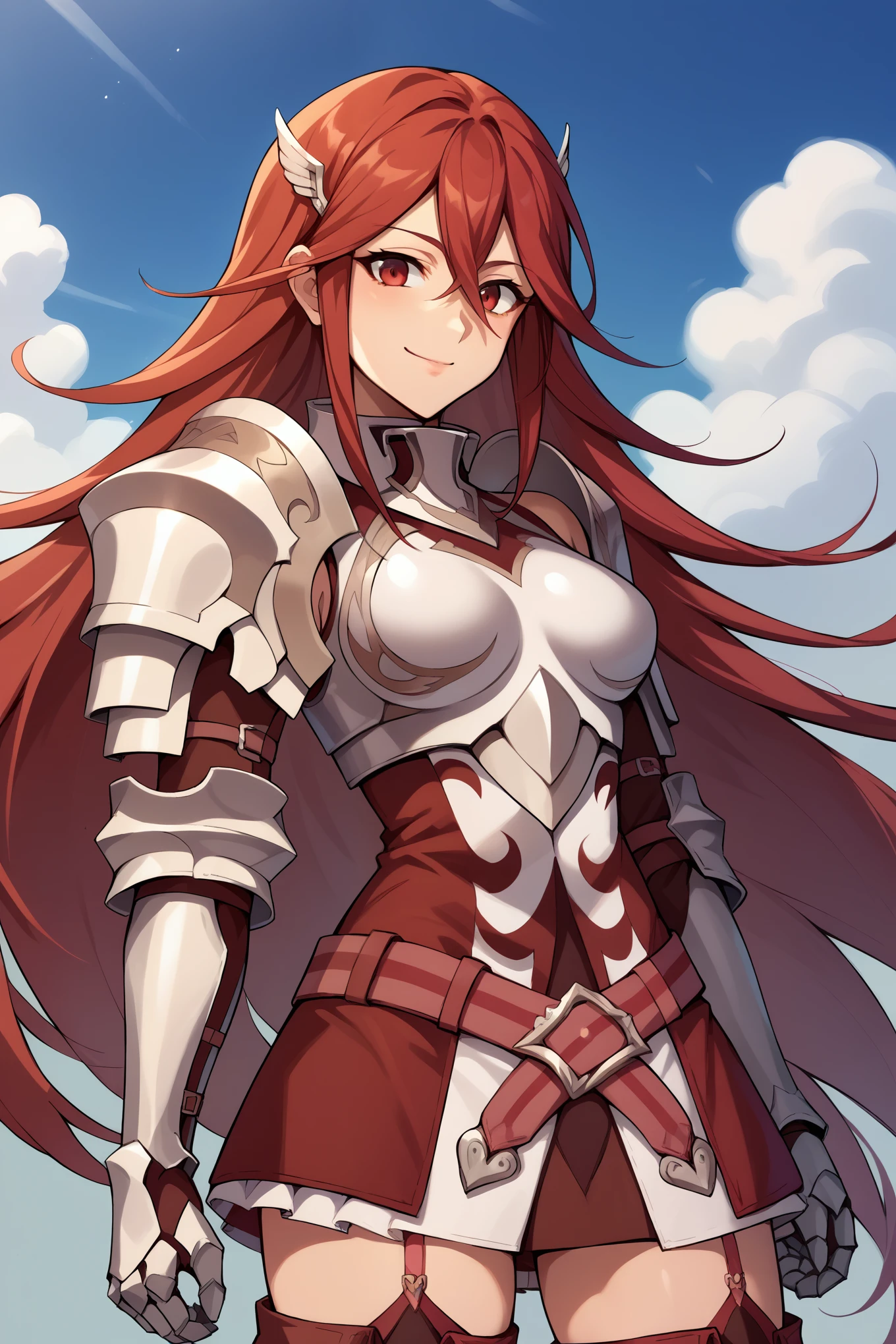 score_9, score_8_up, score_7_up, score_6_up, source_anime BREAK 1girl, solo, defCordelia, red hair, red eyes, wing hair ornament, red dress, short dress, armored dress, belt, gauntlets, garter straps, thigh boots, upper body, looking at you, smile, blue sky, clouds