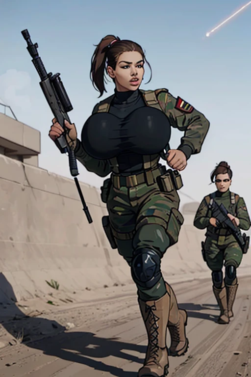 group of female soldiers, war photography, (cinematic lighting:1.1), highest quality, photo of (group of fully dressed really tanned 20yo sexy muscular female army special forces with taut clothing military top, ponytail hair, running holding a rifle), (bouncing breasts, motion lines, motion blur), too tight military shirt, medium_boltedontits, perfectly round breasts, breast implants, unaligned breasts, perfect face, parted lips, dumb expression, (wearing military Combat uniform, battlepack, boots:1.2), athletic body, on the battlefield, fake tits, bootsnutes