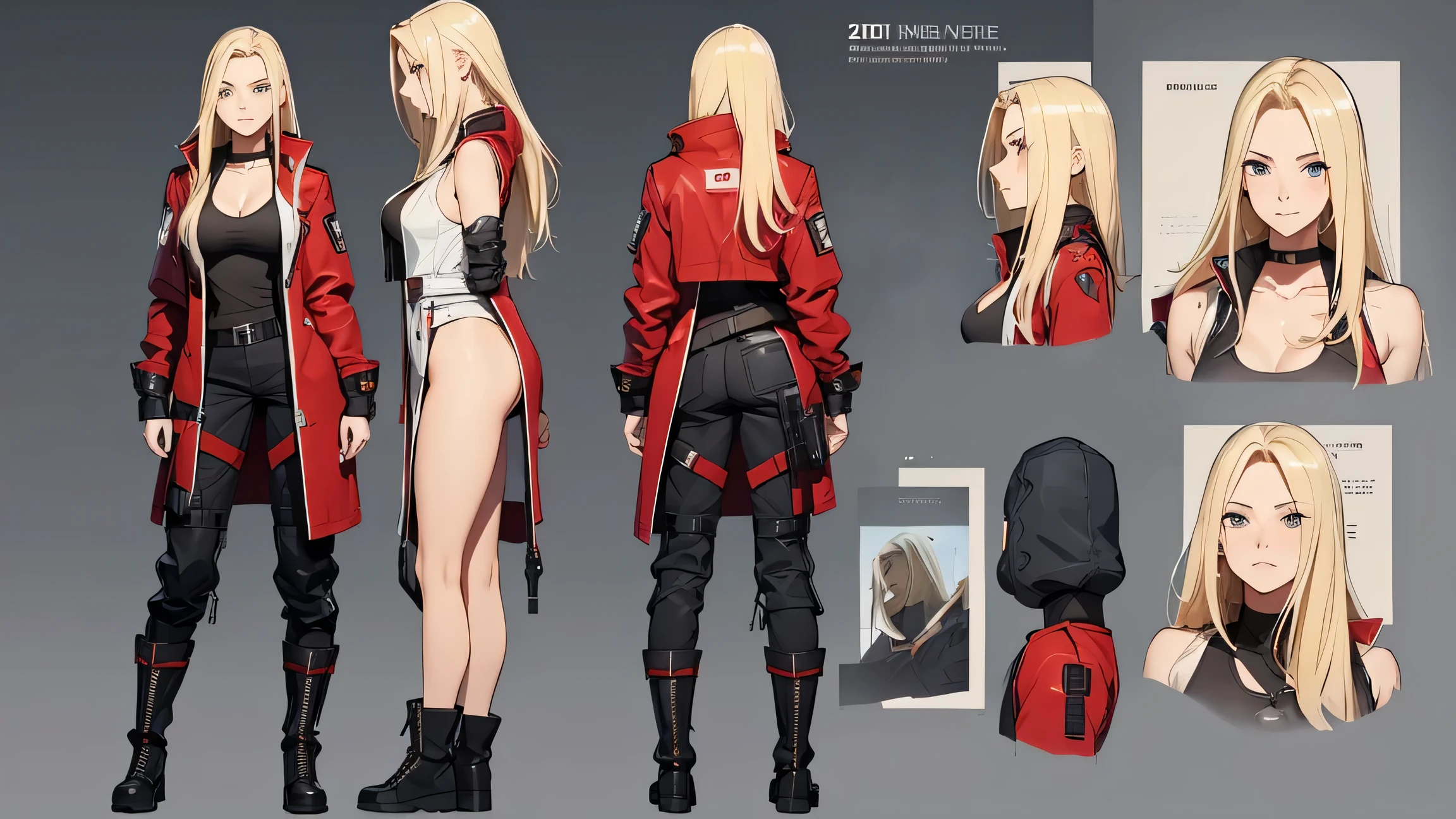 A woman, 20 years old, long blonde hair, tall boots, futuristic red jacket, tank top, cleavage, military pants, tech equipment, Jill valentine, dog tag, various angles, (front, back, side), character sheet, model sheet, reference sheet.