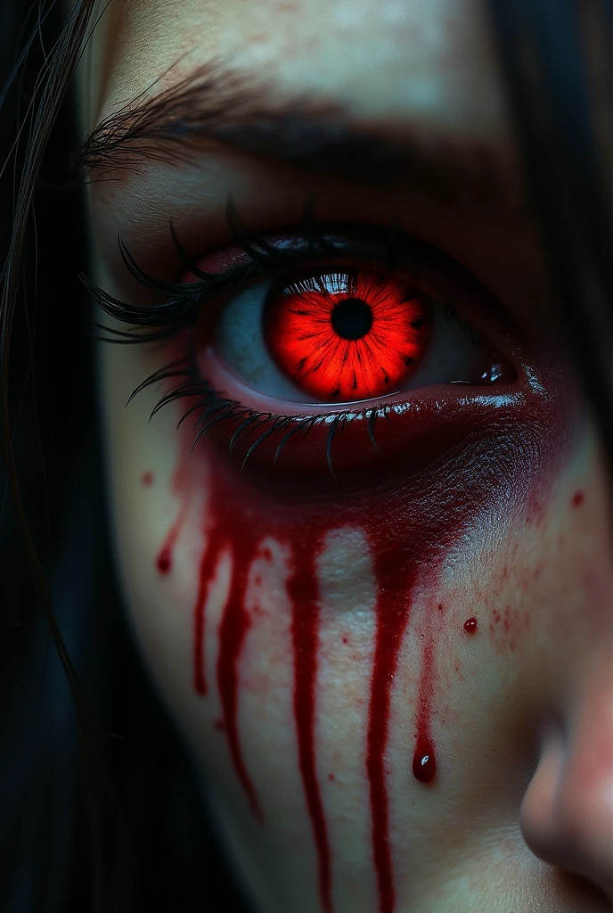 Create a red eye with blood as tears.It must look painful and disturbing.The eye must look realistic like a human eye not cartoon.The mood must be dark.Make the eye look damaged.This is for a album art work