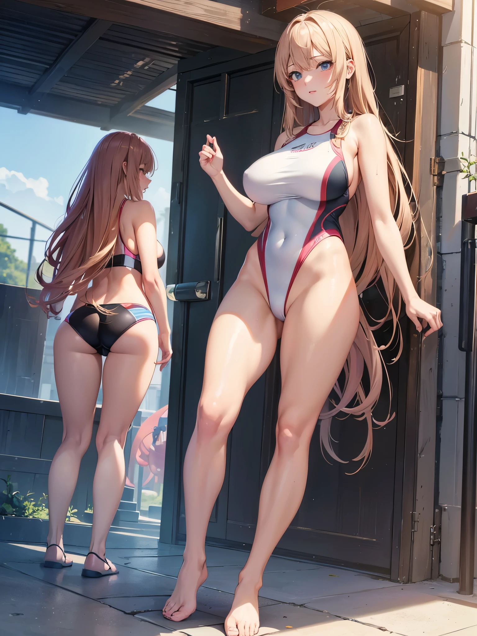 (Very detailed CG ユニティ 8k 壁紙),(masterpiece), (Highest quality), (Very detailed), (Best illustrations),High leg competitive swimsuit、Oily, glossy skin、Big Breasts、25-year-old woman