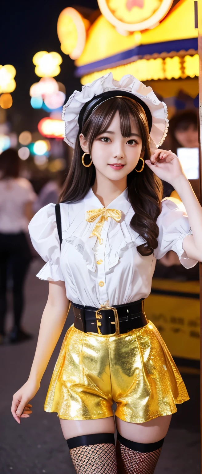Gorgeous idol girl、whole body、Good style、、、、、、、、、、Thick legs、Gold tight shorts costume、Frilled shirt、Cool girl face、、、Illuminated amusement park at night、、Flare Belt、、Fishnet tights