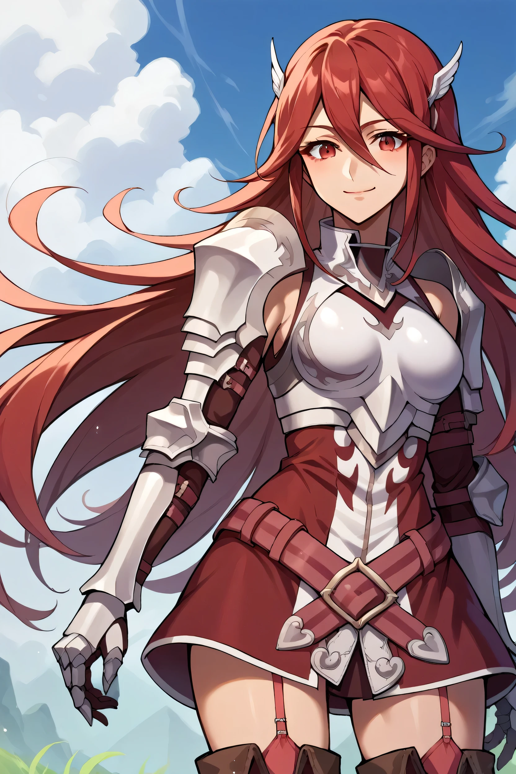 score_9, score_8_up, score_7_up, score_6_up, source_anime BREAK 1girl, solo, defCordelia, red hair, red eyes, wing hair ornament, red dress, short dress, armored dress, belt, gauntlets, garter straps, thigh boots, upper body, looking at you, smile, blue sky, clouds