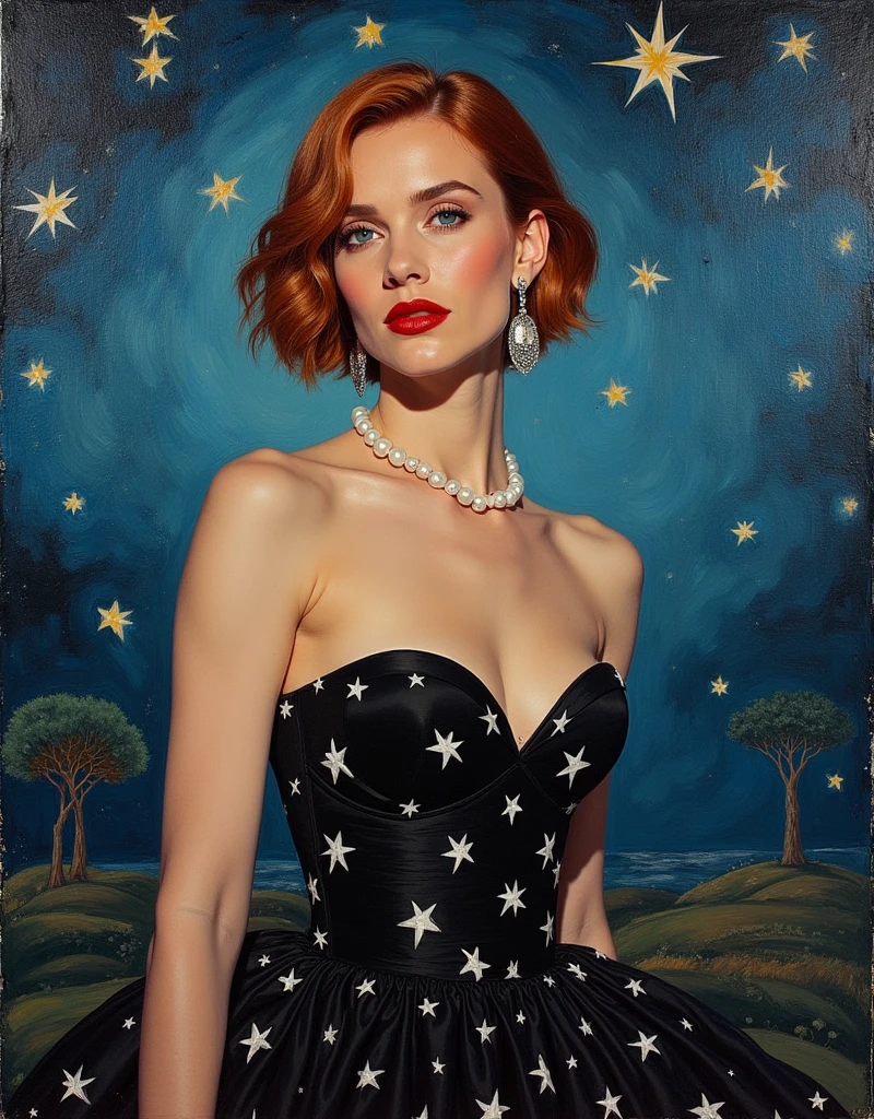 Natalie Portman, Oil painting, Renaissance, Leonardo da Vinci, model, modern style, modern clothing, pop star, cool, short hair red color pearl necklace, earrings, modern makeup, red lipstick, Starry night, dress with black stars, ring, defined strokes