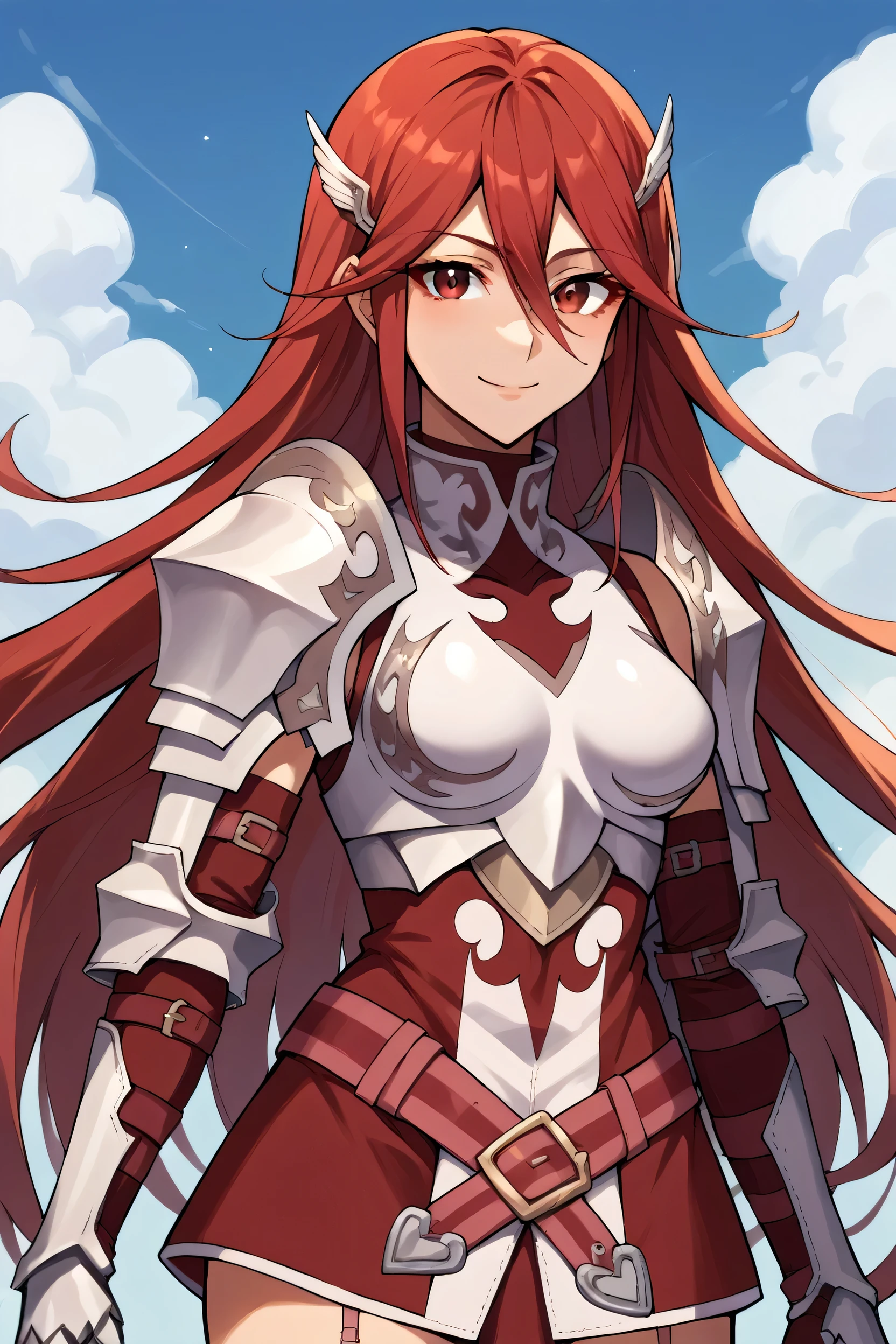 score_9, score_8_up, score_7_up, score_6_up, source_anime BREAK 1girl, solo, defCordelia, red hair, red eyes, wing hair ornament, red dress, short dress, armored dress, belt, gauntlets, garter straps, thigh boots, upper body, looking at you, smile, blue sky, clouds