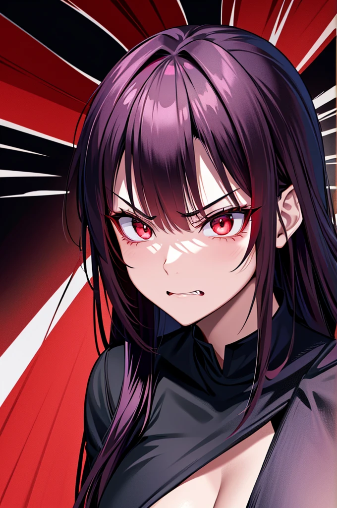 Illustration of a woman with red eyes and a black shirt, angry expression, angry expressioning, in animation style, an angry expression, angry expression, Evil Expression, angry expression, Inspired by Jin Homura, highly detailed angry anime face, in animation style, anime face, angry face, angry frown, 1 7  anime goth girl
