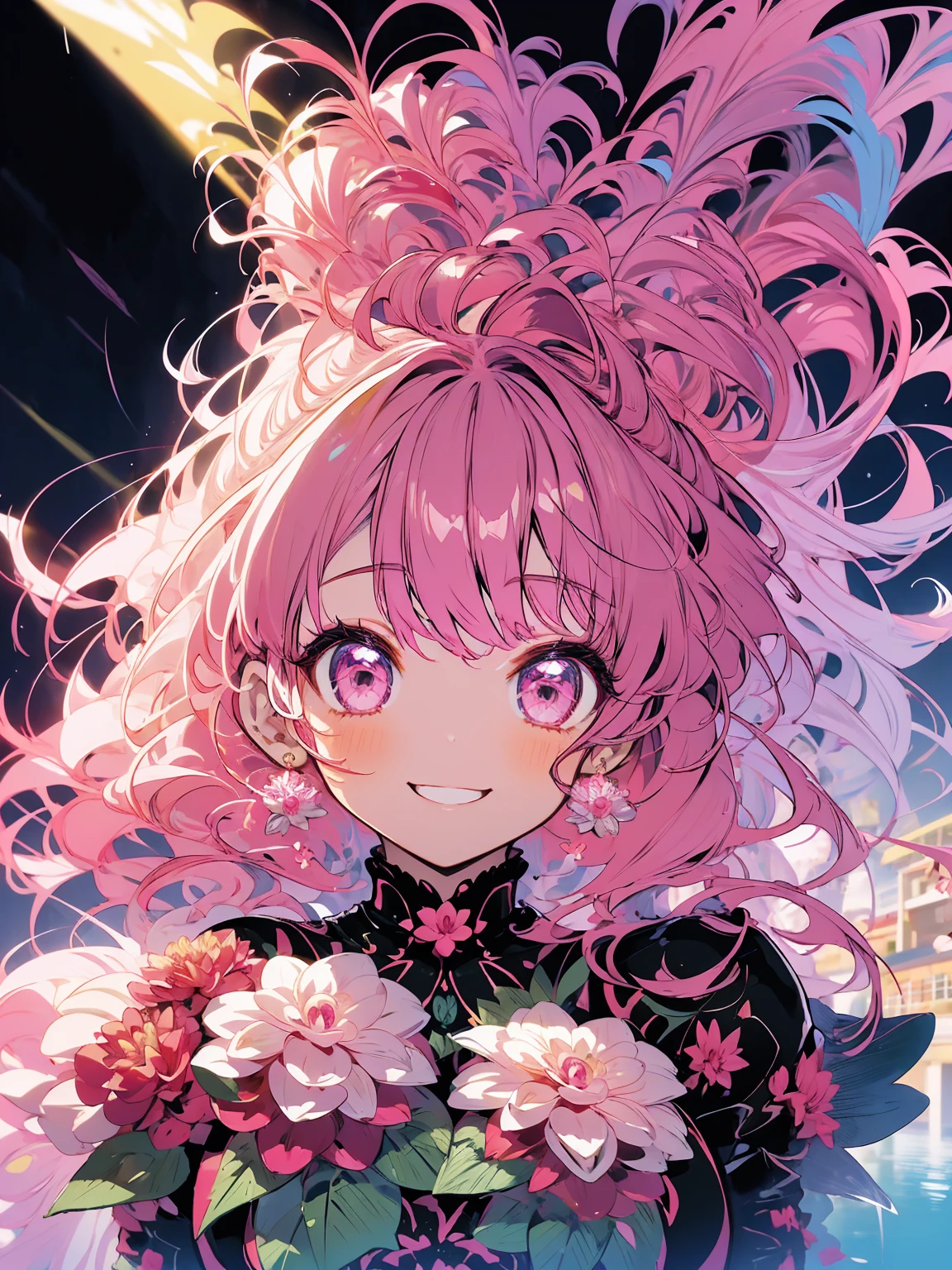 Masterpiece、smile、Anime Girls、Red Hair、Long Hair、Cute Anime Girls、smile、(((Pink Dahlia)))、Lots of Dahlias、Upper Body、fractal art、Gwaiz、Pool、garden