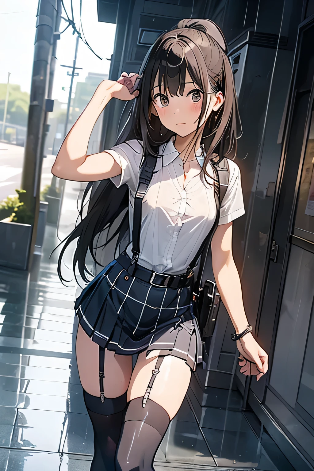 1 female, , high quality, masterpiece, Ultra-high resolution, Cinema Lighting, 1 female, , high quality, masterpiece, Ultra-high resolution, , Cinema Lighting, suspenders　　　Moderate breasts　 　 　　　　　 　　　　Small face　 　　　　　　　　　　　Looking up　　　　Sweat 　　　Thin belt　buzzer　脇Sweat 　　　　 　garter belt　　Belt on pants　　holster　 　　Hands behind your back　 　Looking up　Anxious face　Knee-high　Knee socks　Knee-highソックス 　garter　ふとももにgarter belt　Checkered mini skirt　 　　Panty shot　Skirt gap Armament　　　holster　holster 　　Hands behind your back　 Anxious expression　　Anxious face, legs apart　Armament　　Leg Holster　holster　See-through clothing　heavy rain　Rain-soaked dress shirt,Moderate breasts　ガーターbelt　suspenders　Garter on the thigh　Checkered mini skirt　Looking up　Pause　belt　Armpit sweat　Hands behind back　Raise your hands