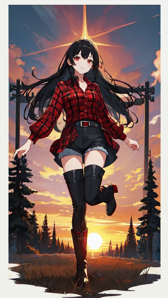 Young woman, high, god, black hair, Red eyes, solo, One, costs, field, sunset, checkered shirt, Red shirt, pants, knee-high boots, looking at the viewer, 8k, black boots, 
