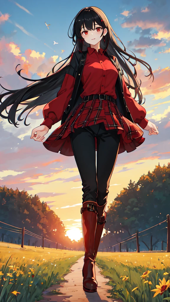 Young woman, high, god, black hair, Red eyes, solo, One, costs, field, sunset, checkered shirt, Red shirt, pants, knee-high boots, looking at the viewer, 8k, black boots, 