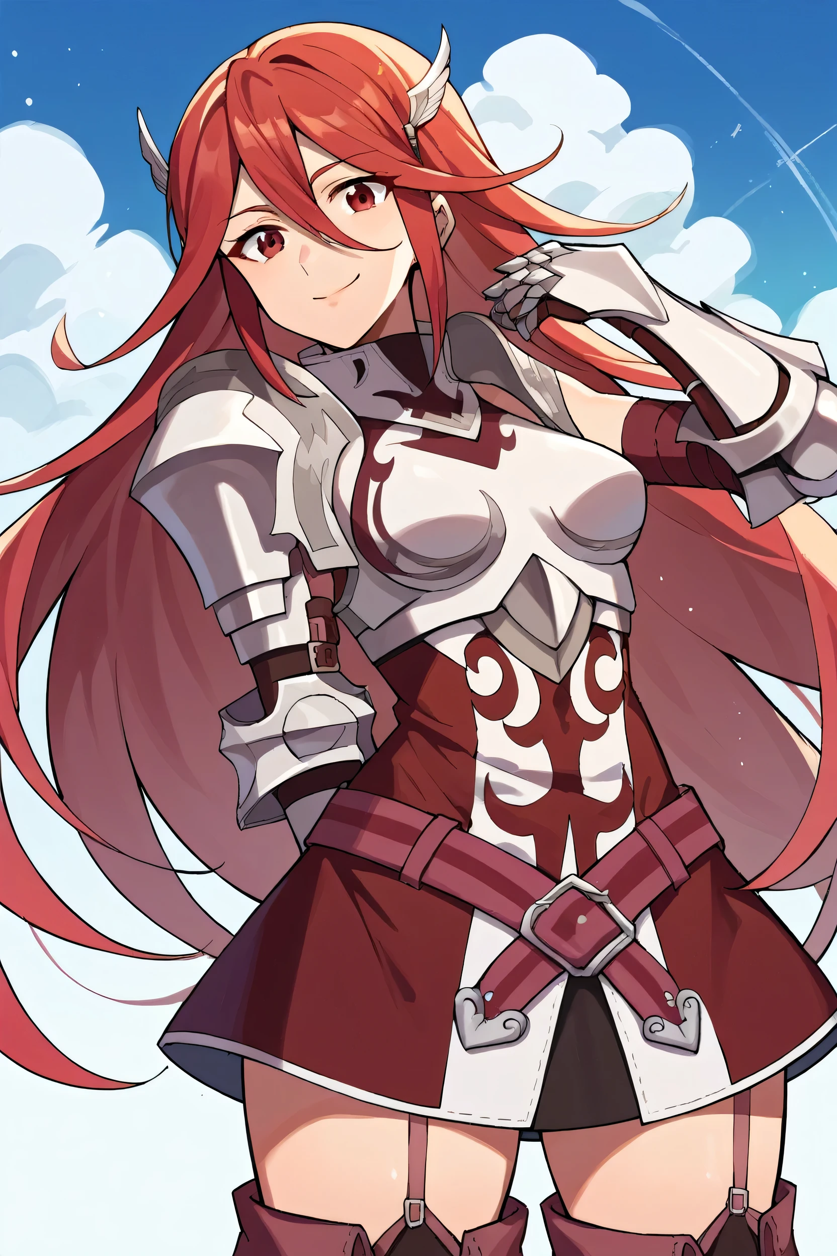 score_9, score_8_up, score_7_up, score_6_up, source_anime BREAK 1girl, solo, defCordelia, red hair, red eyes, wing hair ornament, red dress, short dress, armored dress, belt, gauntlets, garter straps, thigh boots, upper body, looking at you, smile, blue sky, clouds