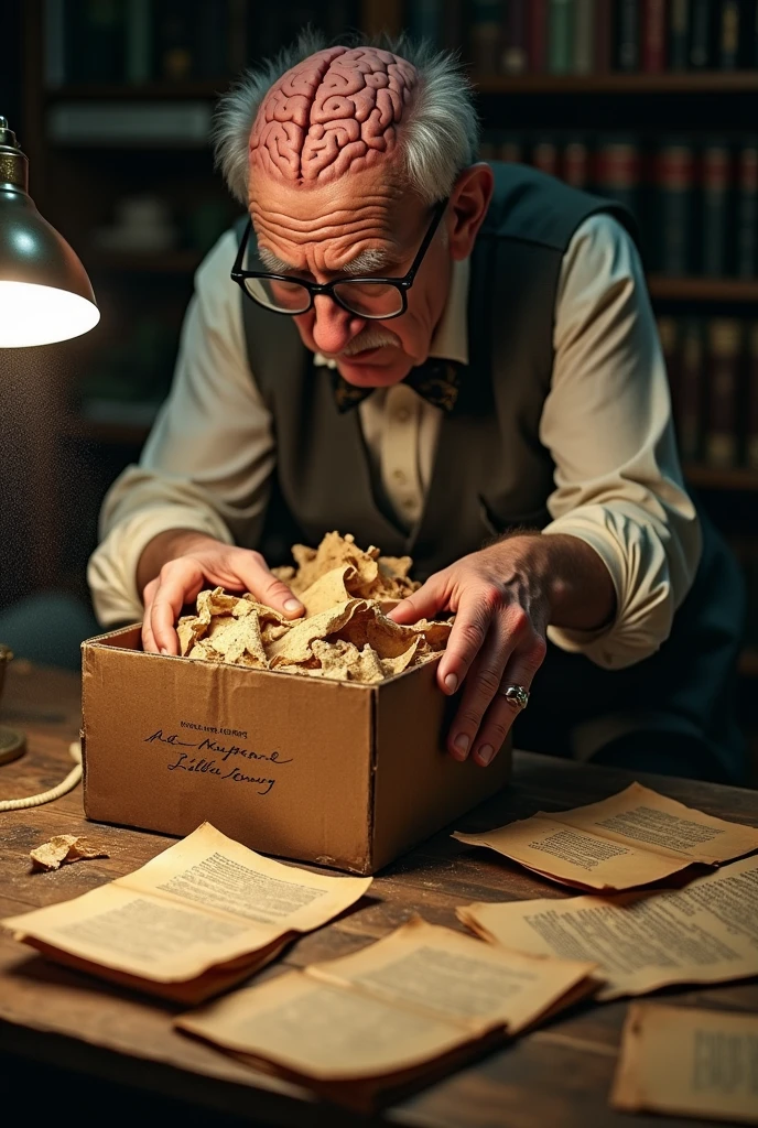 an old brain organizing ideas in a paper box with old papers and parchments


