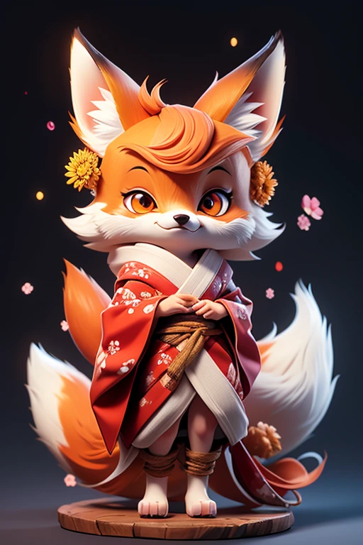 Create an image of a cute fox monster wearing a kimono., The body is transparent and can be seen through. The image is sharp and detailed., with beautiful colors.. With arms, leg, eyes, mouth, พื้นหลังสีlegว