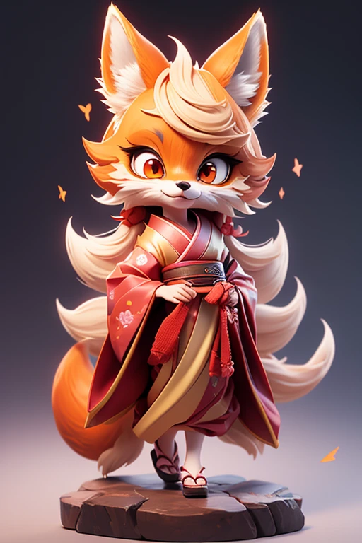 Create an image of a cute fox monster wearing a kimono., The body is transparent and can be seen through. The image is sharp and detailed., with beautiful colors.. With arms, leg, eyes, mouth, พื้นหลังสีlegว