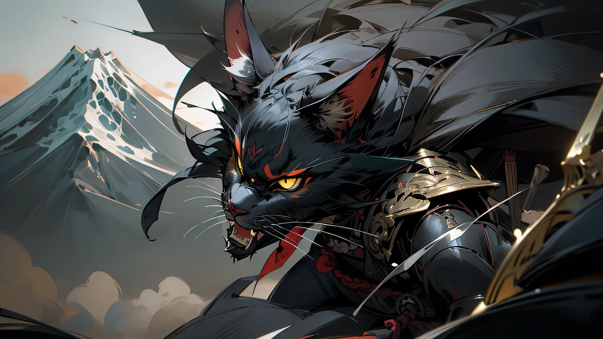 Create a closeup image of a fierce and cool-looking cat dressed in traditional Japanese samurai armor. The cat should be wearing black armor with intricate details, giving it a powerful and imposing appearance. The background features the majestic Mount Fuji, with a dark, moody atmosphere that complements the cat's warrior spirit. The overall tone of the image should be dark and intense, emphasizing the strength and elegance of the samurai cat.