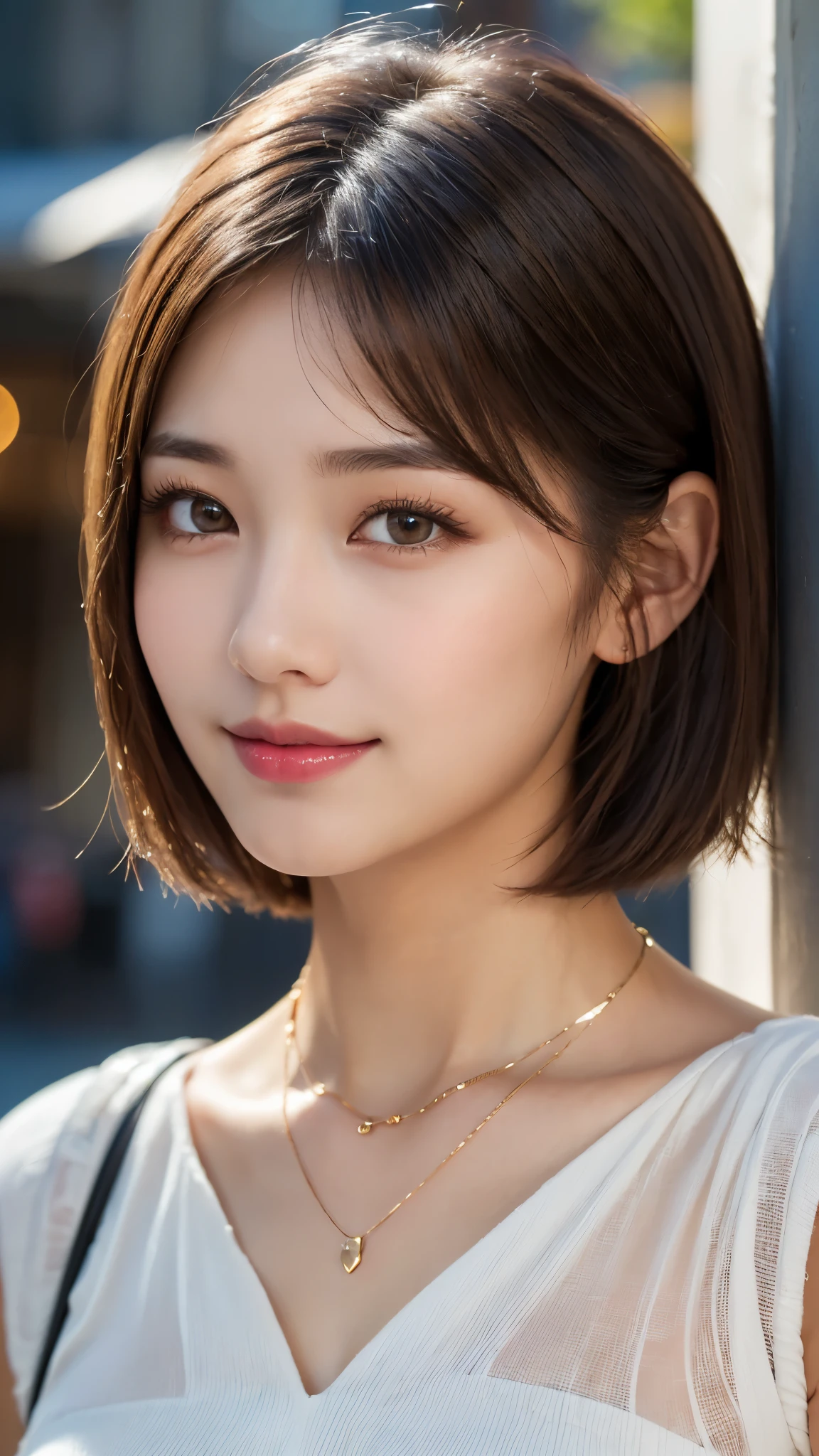 (photorealistic, 32k, RAW photo, best quality: 1.5), (masterpiece:1.3), (absurdres, attractive, ultra high resolution, ultra realistic, highly detailed, golden ratio, ultra detailed), (Beautiful Japanese ager female, super fucking beautiful detailed face), natural makeup, detailed cloth texture, detailed hair texture, beautiful detailed fullbody, Perfect female body, accurate, Anatomically correct, Highly detailed face and skin texture, (beautiful hands), (realistic skin), (beautiful pale skin:1.1), (Perfect dynamic composition, looking at viewer:1.3), (full body shot:1.3), ((light-colored sheath dress with a slit, Elegant Necklace:1.4)), (Seductive pose:1.2),
BREAK,
realistic eyes, beautiful detailed eyes, symmetric eyes, Light Brown eyes, Double eyelids, Thin eyebrows, (Glossy lips:1.4), ((A face with waiting for a kiss, Shy Smile:1.2)), (blush:1.1),
BREAK,
((short hair, bob, Dark blonde hair, bangs:1.2)), (Sunny day, street corner, Meeting up for a date:1.3)