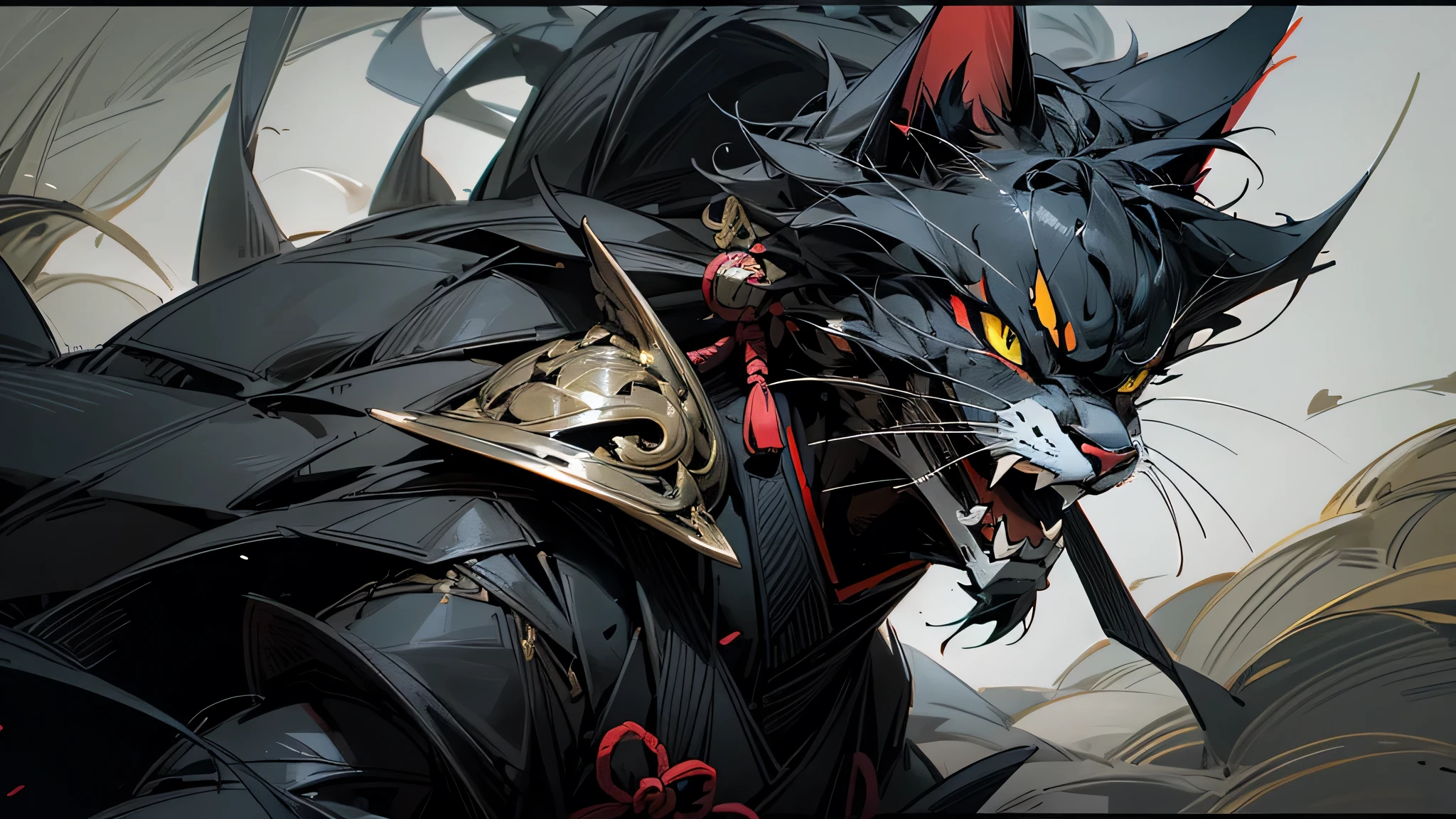 Create a closeup image of a fierce and cool-looking cat dressed in traditional Japanese samurai armor. The cat should be wearing black armor with intricate details, giving it a powerful and imposing appearance. The background features the majestic Mount Fuji, with a dark, moody atmosphere that complements the cat's warrior spirit. The overall tone of the image should be dark and intense, emphasizing the strength and elegance of the samurai cat.