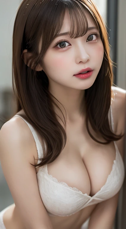 masutepiece, Best Quality, Illustration, Ultra-detailed, finely detail, hight resolution, 8K Wallpaper, Perfect dynamic composition, Beautiful detailed eyes,  Natural Lip, Big breasts, cleavage, Full body, navel-baring, Random sexy poses、Semi-long hair、Emphasize cleavage、Kneeling and looking up、Drooling from the mouth and a blank expression、Expression drowning in pleasure、Masochistic girl、Feeling it more when suffering、Tied up and unable to move、Confinement Room、Her breasts exposed, she blushes with embarrassment、Opening her mouth wide and sticking out her tongue