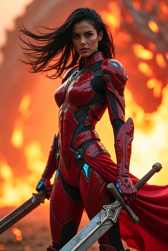 (Facing viewer), (masterpiece:1.2, Highest quality,High resolution,Super detailed),8k,wallpaper,(Very detailed),(Armored Core Style),Woman (Gal Gadot, Emma Watson) in bodysuit robot armor,Black Hair,Random Hairstyles,(Flame Ninja),(Red body),(Detailed face:1.3),(Detailed body:1.3),(Cowboy Shot:1.6),(The background is a red battlefield with a translucent dragon made of summoned flames.:2.0),Hair blowing in the wind,cyber punk,(dynamic),(Preparing for battle,Wield a giant sword with both hands:1.2,The electronic parts of the armor glow.:1.6),(Detailed hands:1.6),(Flashy special move effects:2.0)