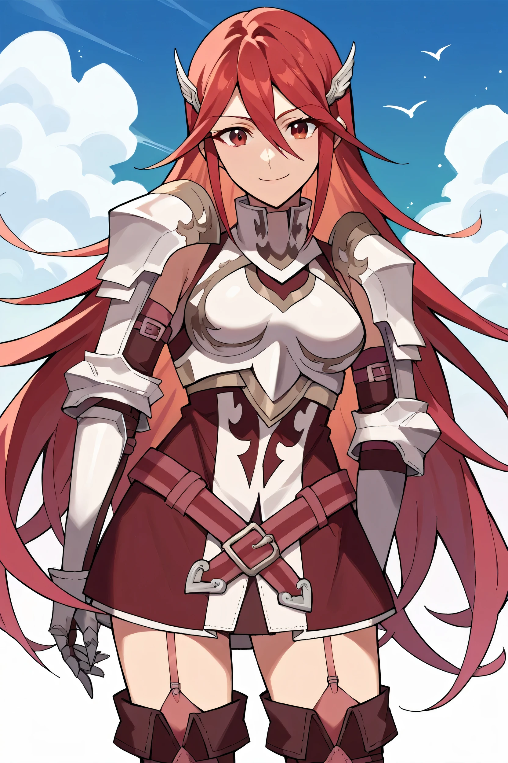 score_9, score_8_up, score_7_up, score_6_up, source_anime BREAK 1girl, solo, defCordelia, red hair, red eyes, wing hair ornament, red dress, short dress, armored dress, belt, gauntlets, garter straps, thigh boots, upper body, looking at you, smile, blue sky, clouds