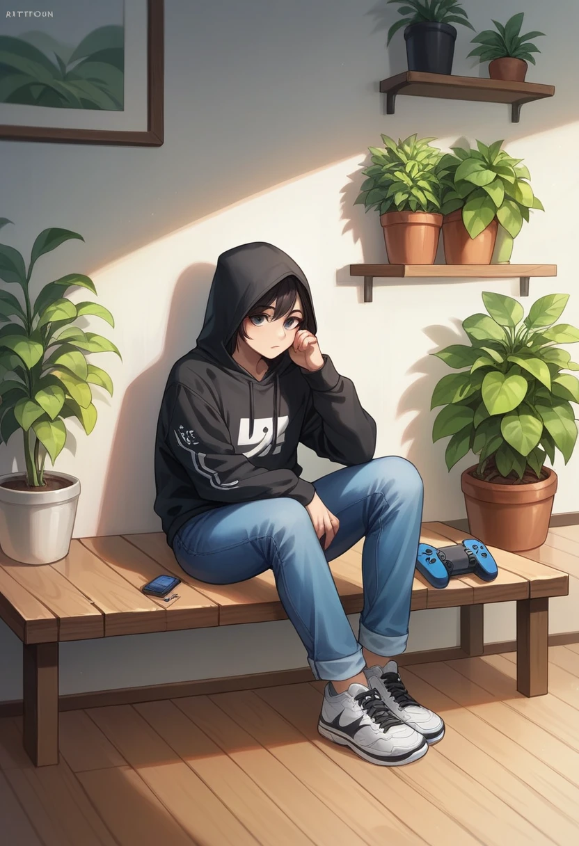 The image depicts a 28-year-old Asian sitting on a wooden bench in a room filled with various plants. The person is wearing a black hoodie with the logo ((PlayStation)) on the front, riped blue jeans, and black white sneakers,wearing smartwatch galaxy.facing the viewer with the surrounding area green with many potted plants placed on the shelves and floor, creating a calm indoor garden atmosphere.