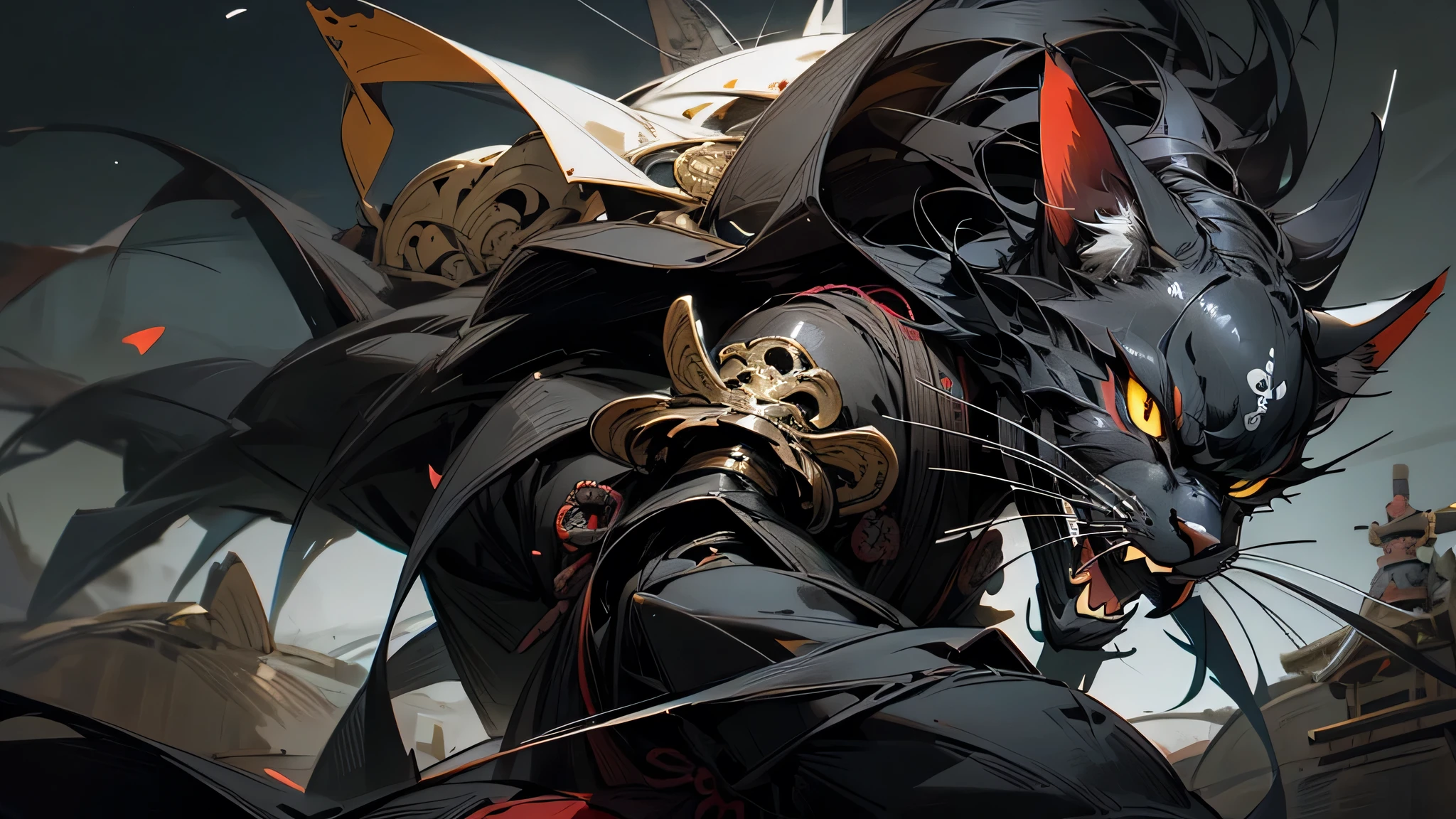 Create a closeup image of a fierce and cool-looking cat dressed in traditional Japanese samurai armor. The cat should be wearing black armor with intricate details, giving it a powerful and imposing appearance. The background features the majestic Mount Fuji, with a dark, moody atmosphere that complements the cat's warrior spirit. The overall tone of the image should be dark and intense, emphasizing the strength and elegance of the samurai cat.