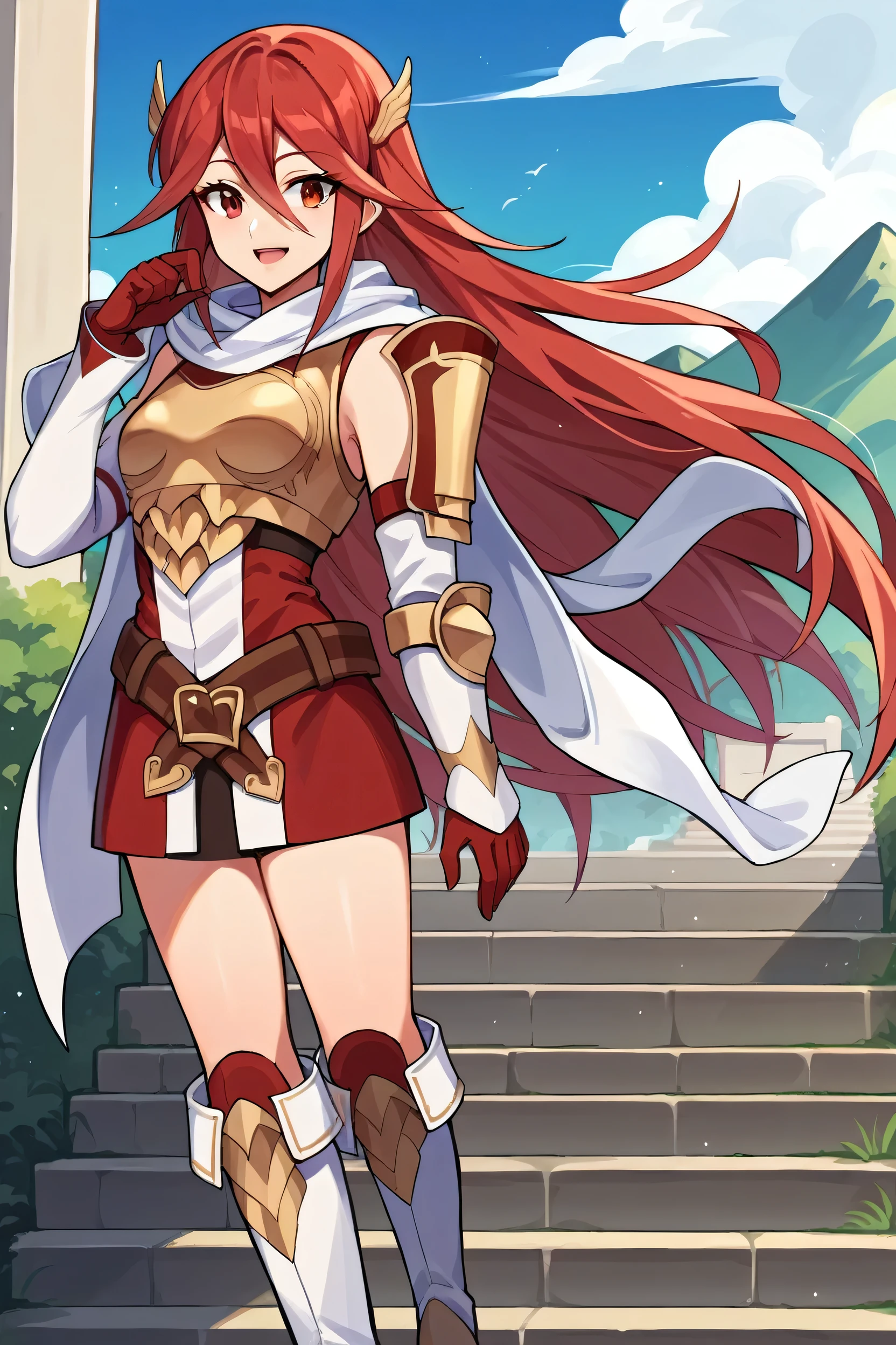 score_9, score_8_up, score_7_up, score_6_up, source_anime BREAK 1girl, solo, respCordelia, red hair, red eyes, wing hair ornament, red dress, short dress, belt, white scarf, single shoulder armor, bronze breastplate, detached sleeves, red gloves, white boots, stairs, mountains, blue sky, looking at you, happy