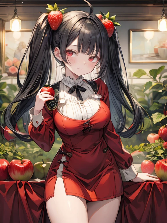 (8Kmasterpiece,highest quality:1.4),Ultra-high resolution,(masterpiece:1.4),hyper detail 
BREAK (1 girl),(),Beautiful Face,(dark red eyes),(Sleepy eyes:1.35),(Thick eyeliner:1.3),Beautiful and delicate eyes,(Thin and long eyelashes:1.3),artistic makeup,(perfect anatomy:1.5) 
BREAK (black hair),(twin tail hair:1.2),(ahoge:1.2) BREAK (closed eyes:1.2),(shy:1.2),(smug:1.4)
BREAK (Slender body),(big breasts:1.3),(big thights:1.2) 
BREAK (she is queen of fruit),(red dress:1.3),(black thighs:1.3),(flower ornament:1.2),(earring:1.2),(luxury red accessory:1.2)
BREAK (many strawberry dish,many cherry dish,many apple dish,on the table:1.4)
BREAK (she is standing while holding out an apple dish:1.4)
BREAK (fruit garden:1.3)
BREAK depth of written boundary,Amazing panoramic views,(looking viewer:1.4),(Vignette Light:1.2),(extreme close up:1.2),(focus face:1.3),ducth angle shot