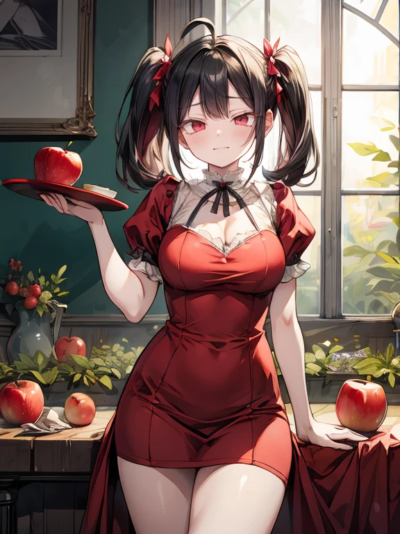 (8Kmasterpiece,highest quality:1.4),Ultra-high resolution,(masterpiece:1.4),hyper detail
BREAK (1 girl),(),Beautiful Face,(dark red eyes),(Sleepy eyes:1.35),(Thick eyeliner:1.3),Beautiful and delicate eyes,(Thin and long eyelashes:1.3),artistic makeup,(perfect anatomy:1.5)
BREAK (black hair),(twin tail hair:1.2),(ahoge:1.2) BREAK (closed eyes:1.2),(shy:1.2),(smug:1.4)
BREAK (Slender body),(big breasts:1.3),(big thights:1.2)
BREAK (she is queen of fruit),(red dress:1.3),(black thighs:1.3),(flower ornament:1.2),(earring:1.2),(luxury red accessory:1.2)
BREAK (many strawberry dish,many cherry dish,many apple dish,on the table:1.4)
BREAK (she is standing while holding out an apple dish:1.4)
BREAK (fruit garden:1.3)
BREAK depth of written boundary,Amazing panoramic views,(looking viewer:1.4),(Vignette Light:1.2),(extreme close up:1.2),(focus face:1.3),ducth angle shot