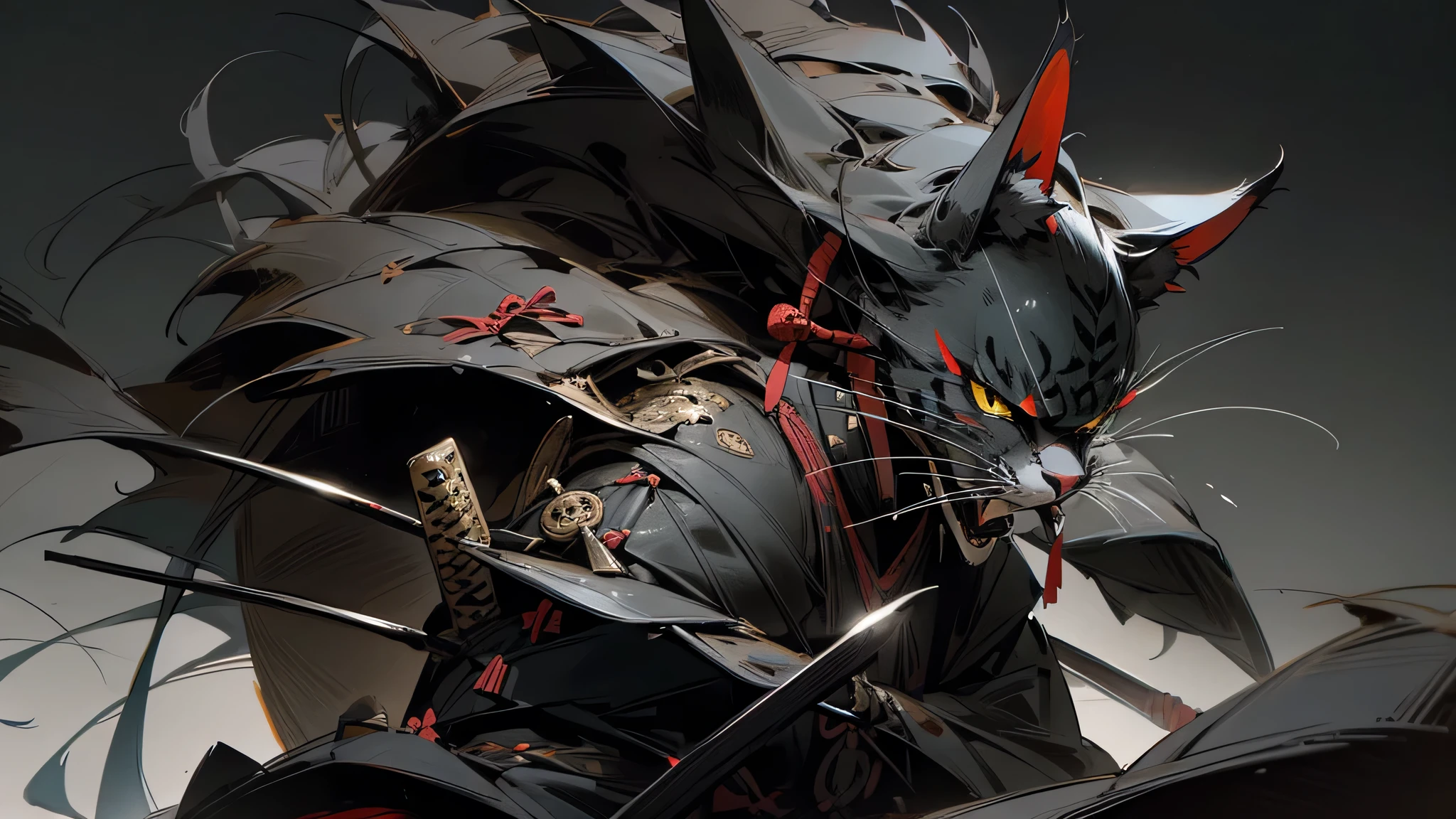 Create a closeup image of a fierce and cool-looking cat dressed in traditional Japanese samurai armor. The cat should be wearing black armor with intricate details, giving it a powerful and imposing appearance. The background features the majestic Mount Fuji, with a dark, moody atmosphere that complements the cat's warrior spirit. The overall tone of the image should be dark and intense, emphasizing the strength and elegance of the samurai cat.