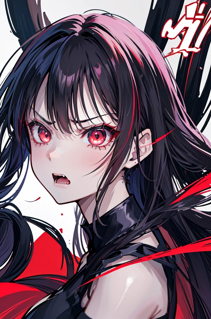 Illustration of a woman with red eyes and a black shirt, angry expression, angry expressioning, in animation style, an angry expression, angry expression, Evil Expression, angry expression, Inspired by Jin Homura, highly detailed angry anime face, in animation style, anime face, angry face, angry frown, 1 7 year old anime goth girl