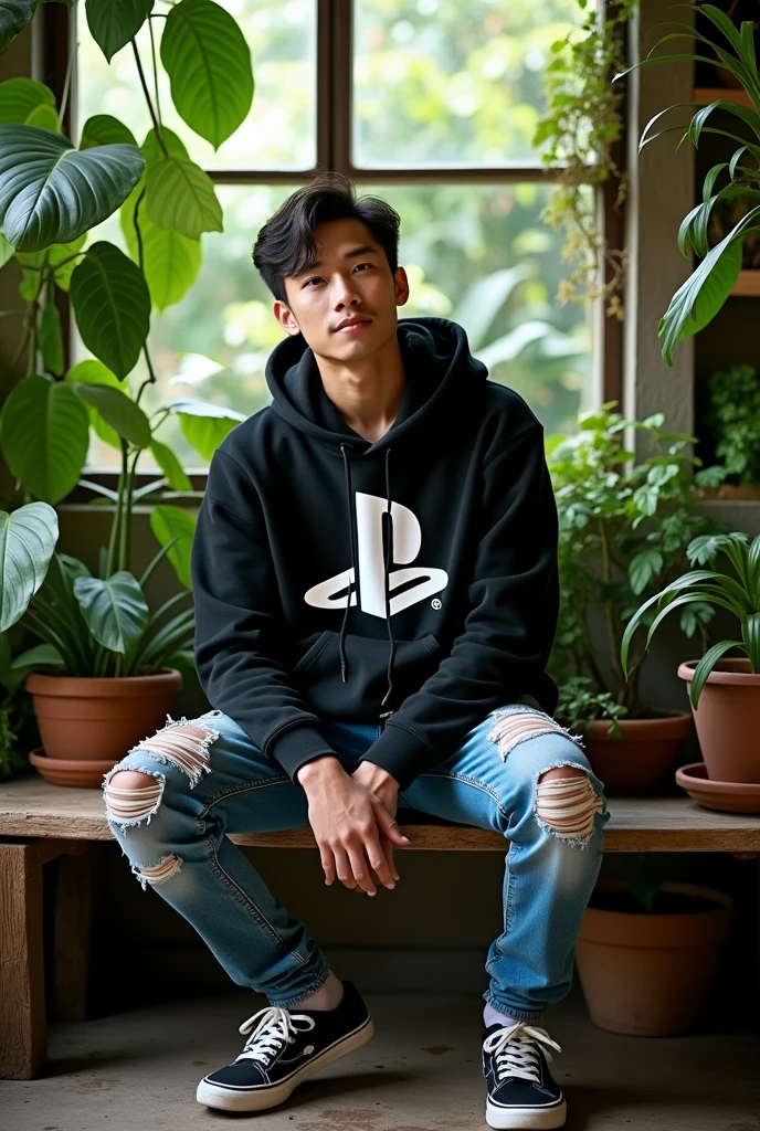 The image depicts a 28-year-old Asian sitting on a wooden bench in a room filled with various plants. The person is wearing a black hoodie with the logo ((PlayStation)) on the front, riped blue jeans, and black white sneakers,wearing smartwatch galaxy.facing the viewer with the surrounding area green with many potted plants placed on the shelves and floor, creating a calm indoor garden atmosphere.