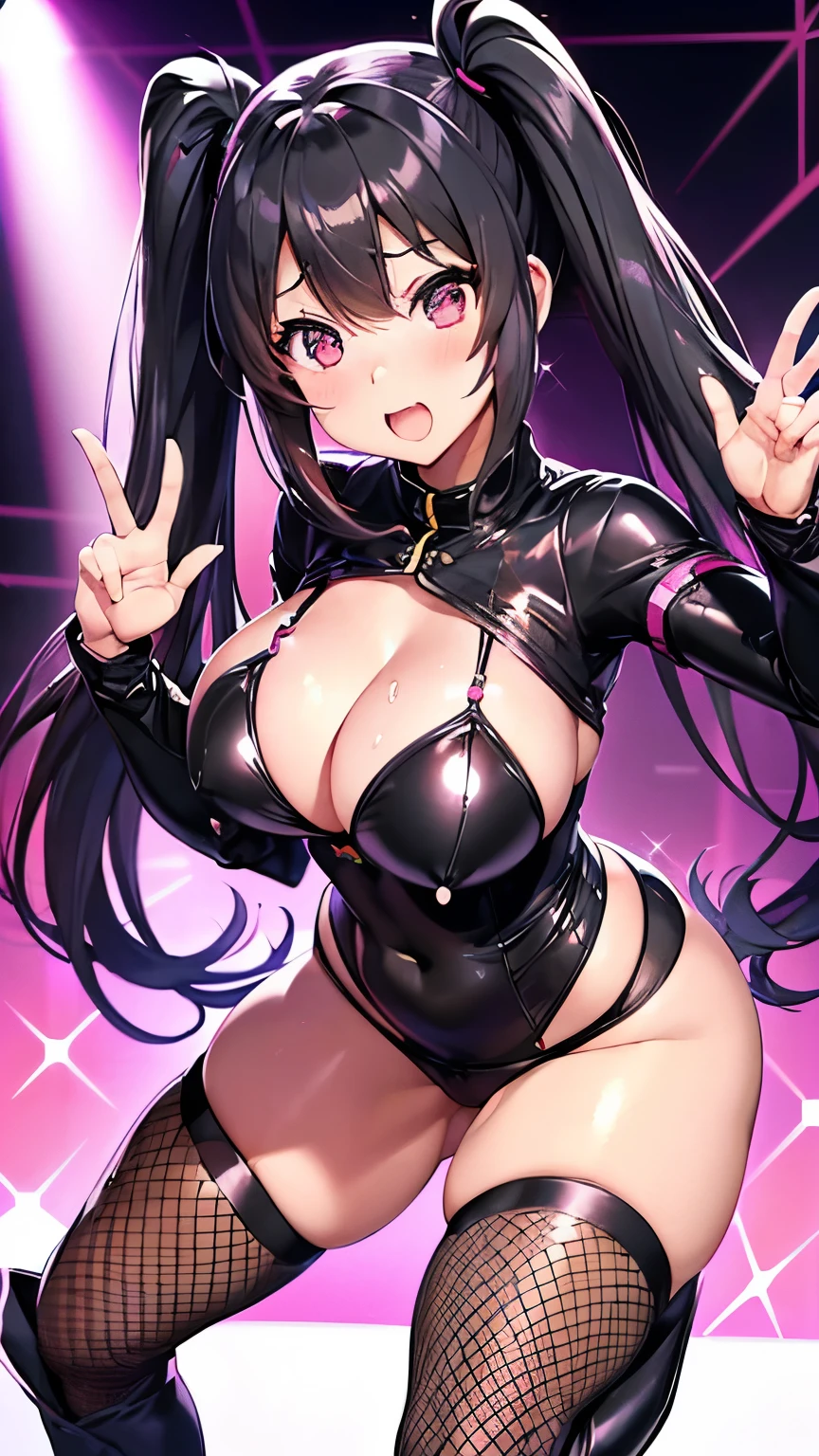 (((アニメ調とてもcute顔))), Beautiful Skin, ((masterpiece)), Highest quality, (Sharp details), 8k, ((cute)), on stage, (Neon Light), (Extremely lewd (Colorful Pop (Idol Clothes))), Sweat, (lewd T-back), prostitution, Sporting events, (looking at the camera),, (((black and pink very tight track and field uniform))),cuteちいさい胸、Cleavage Emphasis、Belly button、Makes my nipples so hard、Female organ、Height: 160 cm、Embarrassed face、Very big eyes、sparkling pupils、anatomically correct body、Big thighs、slightly muscular、Black hair twin tails、Light from the front、Female organ強調、She's practically showing her chest.、Looking back、Super sexy fishnet tights、Enamel boots