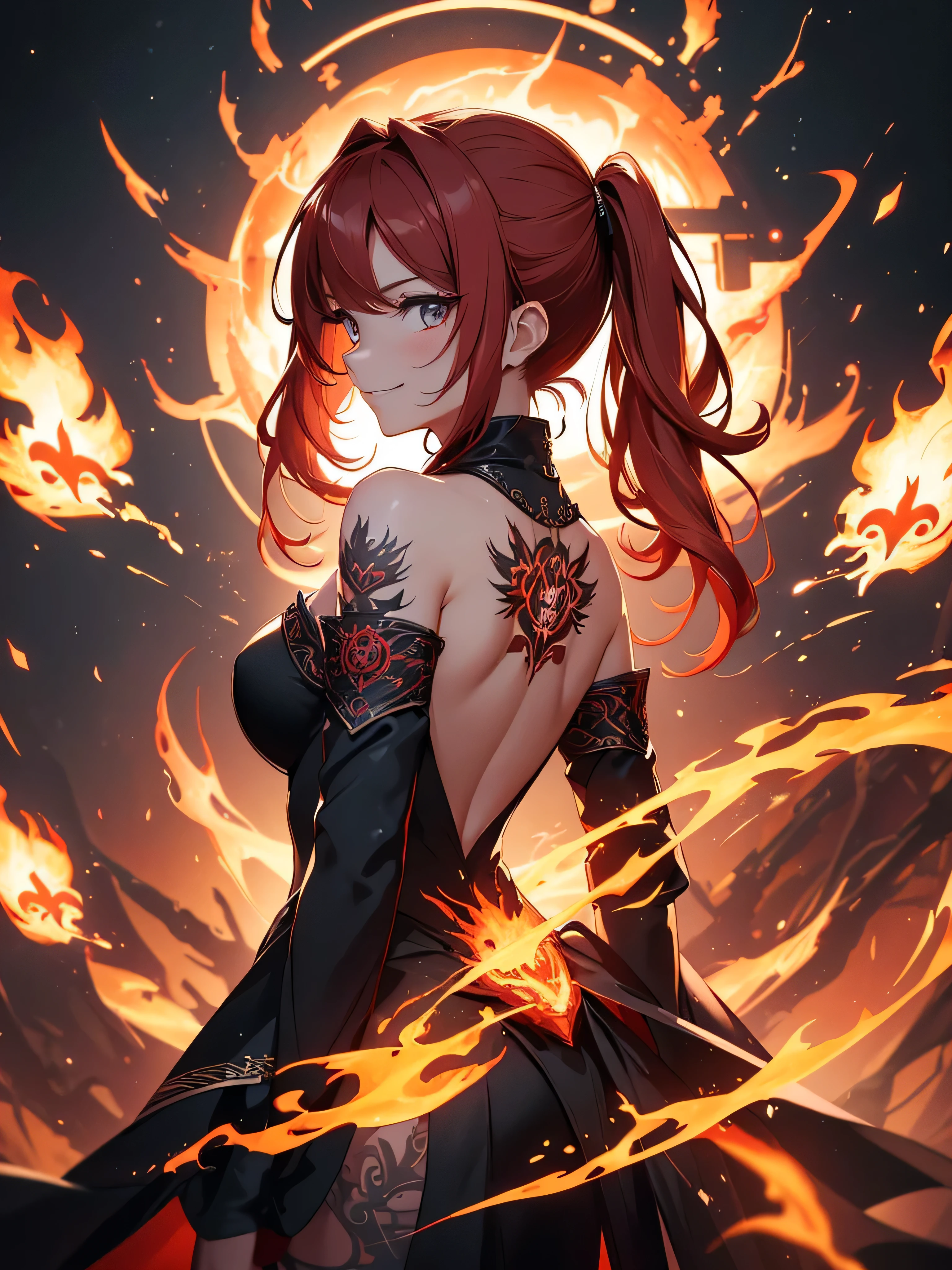 (((best quality, sharp image, clear image, cinematic lighting, 8k resolution, masterpiece, ultra detailed, intricate))) Girl, (((looking over left shoulder))), (shot from behind), ((shot from hip up)), fiery red hair, pigtails, ((intricate black dress)), ((flaming sigils, flaming runes)), spiky rock formations, (flaming lotus flowers frame), (intricate background), (chaotic background), ((Phoenix)), (swirling flames), smiling,tatoo on back