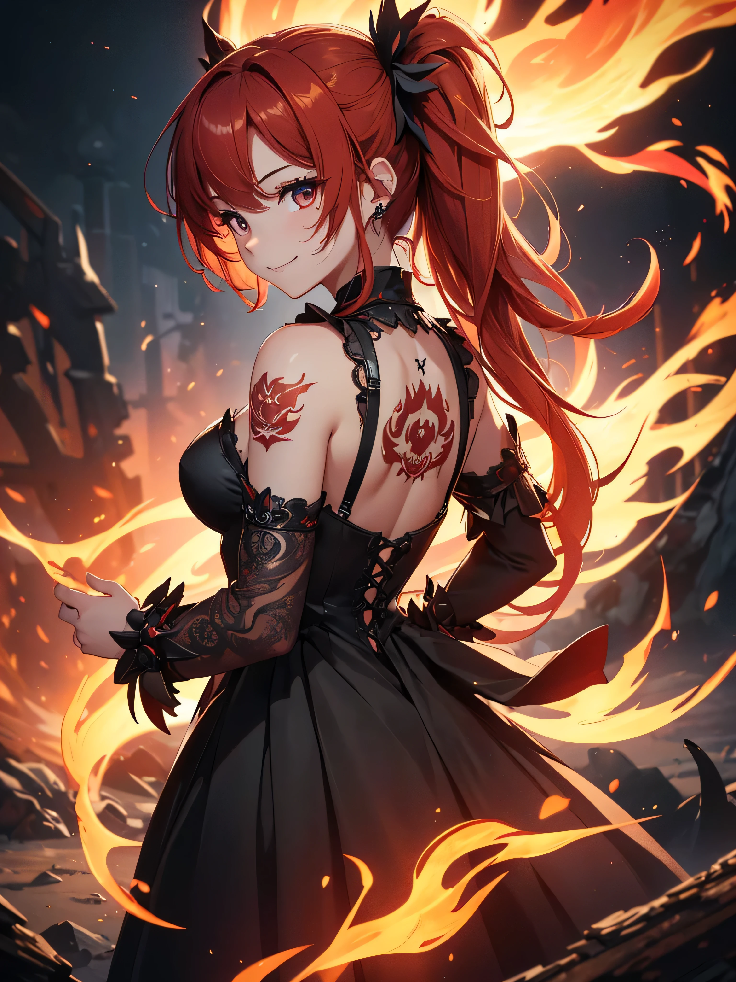 (((best quality, sharp image, clear image, cinematic lighting, 8k resolution, masterpiece, ultra detailed, intricate))) Girl, (((looking over left shoulder))), (shot from behind), ((shot from hip up)), fiery red hair, pigtails, ((intricate black dress)), ((flaming sigils, flaming runes)), spiky rock formations, (flaming lotus flowers frame), (intricate background), (chaotic background), ((Phoenix)), (swirling flames), smiling,tatoo on back