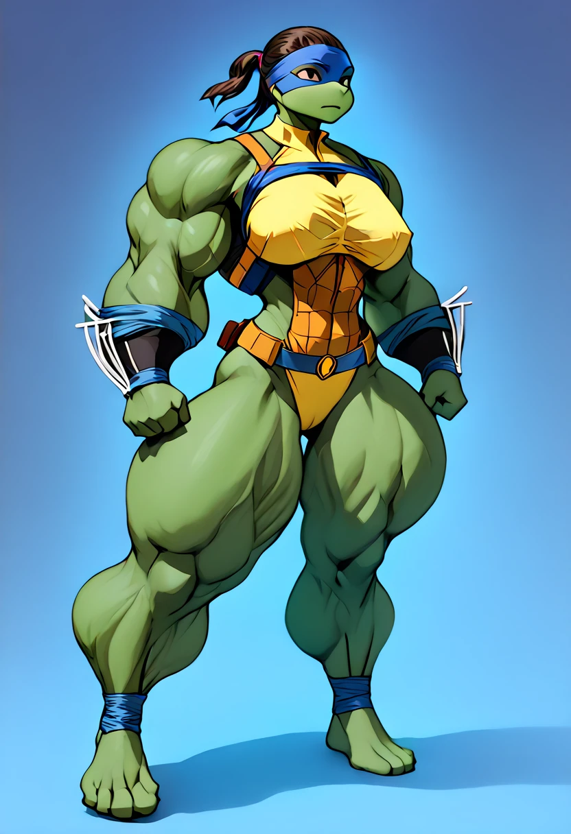 Venus,a female age mutant ninja turtles,buff,muscular,big neck,green darker skin,cyan bandanna,mutant,bald,fans,ninja outfit,full body,a powerful physique, inspired by the style of John Romita Jr., 80’s comics, masterfully rendered with exceptional detail and realism, vivid colors, and dramatic lighting.