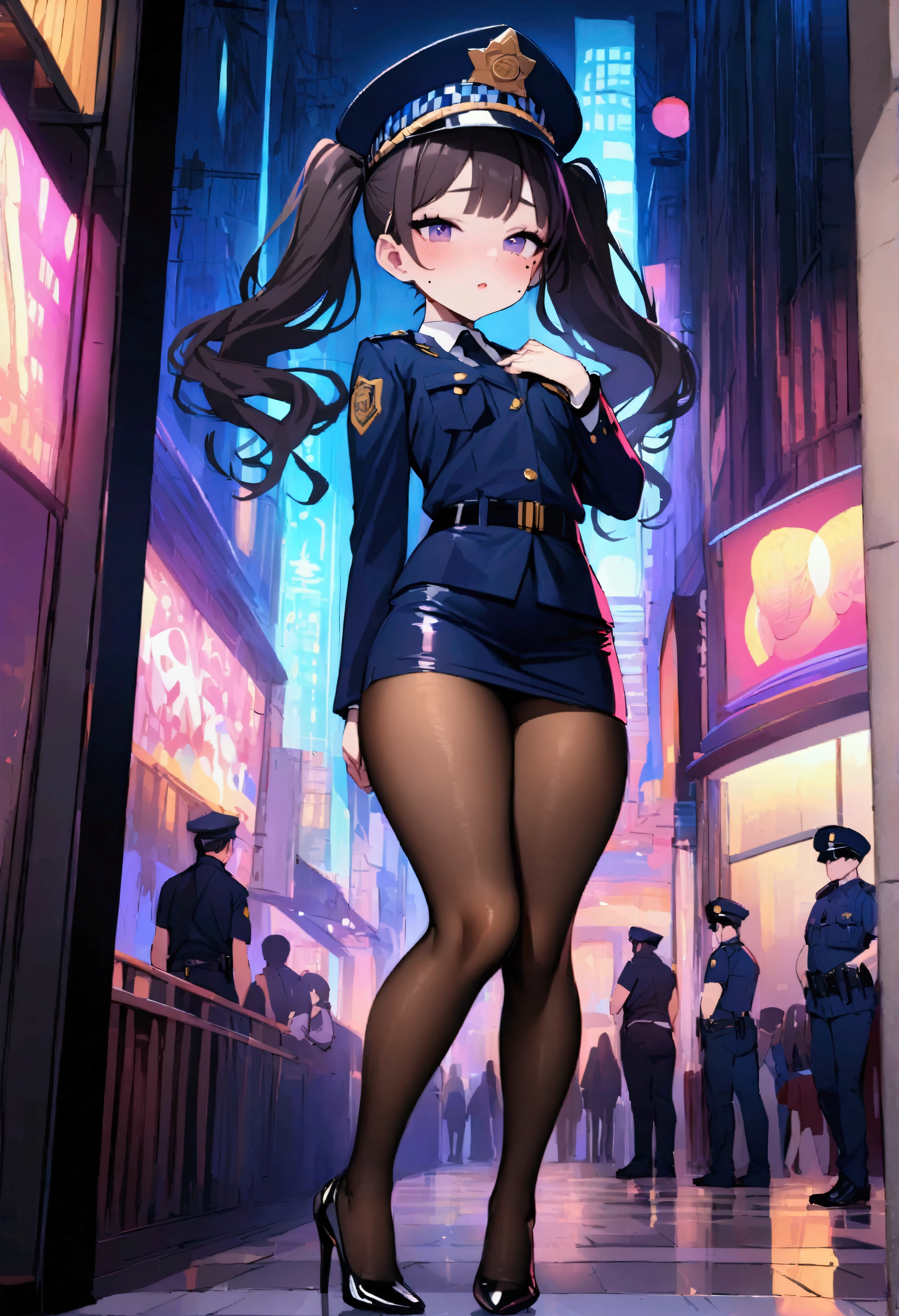NSFW,masterpiece,Highest quality,High resolution,Very detailed,Girl,Young face,Round face,mole,Short height,Police Officer,hat,mini skirt,Pencil Skirt,pantyhose,Heel,Nightlife