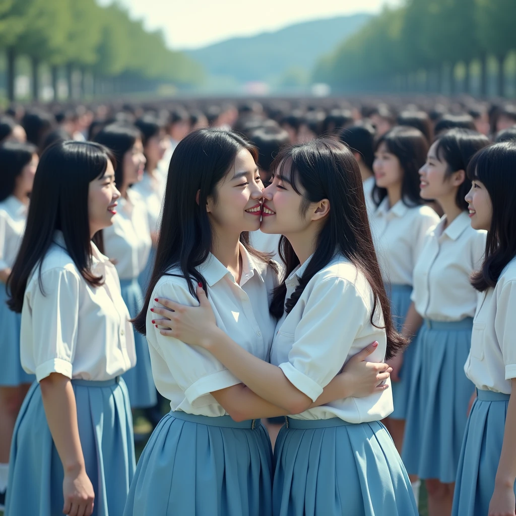 (Perfect Clone girls Photography Art), (16K, Highest quality, Ultra-high resolution, Unrealistic, A world of cloned girls multiplying, Real), (Japanese, Female college student, 20-year-old), (((((Small face, (((((Thick black hair, Semi-long hair)))))))))), ((Beautiful detailed girls, Accurate body structure, Very detailed body, ((((Big Breasts, J-Cup))), Emphasis on the fullness of a large chest))), (((White shirt, Blue Skirt))), ((Dark Eyes, Cute Smile, A gentle gaze)), (((((Happy laughter))))), (((((Very detailed, 1girl-cloning))))), (((100girls), (6+girls), multiple girls))), (((A very perfect depiction of a doppelganger))), (((Very detailed, Perfectly the same girl, The exact same smile, Perfect same hair, Perfect same clothes, Perfect same J-cup))), (((((clone girls only))))), ((10,000girls)), ((1,000,000girls)), ((1,000,000,000girls)), (greeting, hug, Chest to Chest, hug), ((Pleasant conversation, Happy conversation, Staring at each other, spoil, Look next door, face to face, Daily conversation, Fun love story)), ((1,000,000,000,000,000,000girls)), ((1,000,000,000,000,000,000,000,000,000girls)), ((The sight of the ultimate super-crowded, Abnormal extreme crowding, Very extremely crowded)), (Soft Light, super wide view, (((((Extremely detailed ultra-perspective depiction, height difference)))))), (((Subject depth extremely shallow)))
