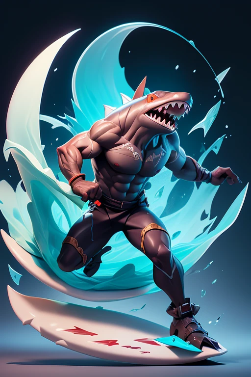 Create an image of a monster shark holding a surfboard, The body is transparent and can be seen through. The image is sharp and detailed., with beautiful colors.. With arms, leg, eyes, mouth, พื้นหลังสีlegว