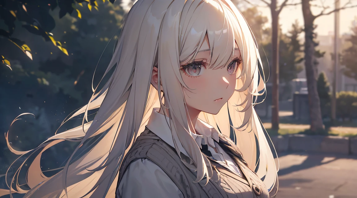 (Long Hair, bangs, Platinum Blonde Hair, profile:1.2),(Wear a cardigan over a collared shirt:1.2),1 person,Japanese,21 years old,(Small breasts:1.3),(Highest quality,masterpiece:1.3,超A high resolution,),(Ultra-detailed,Caustics),(Photorealistic:1.4,RAW shooting,)Ultra-Realistic Capture,Very detailed,High resolution 16K human skin close-up。 Natural skin texture、,Pores、、It needs to be detailed enough to be easily identifiable。 Skin should be even-toned and healthy looking。 Use natural light and colour, Sad expression, Looking at the camera, Perfect dynamic composition, Outdoor